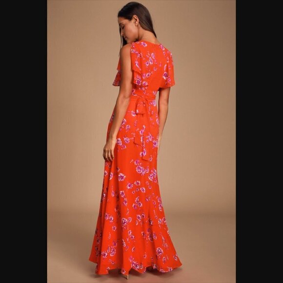 Lulu's Dearly Loved Red Floral Print Flutter Sleeve Maxi Dress - Picture 3 of 13